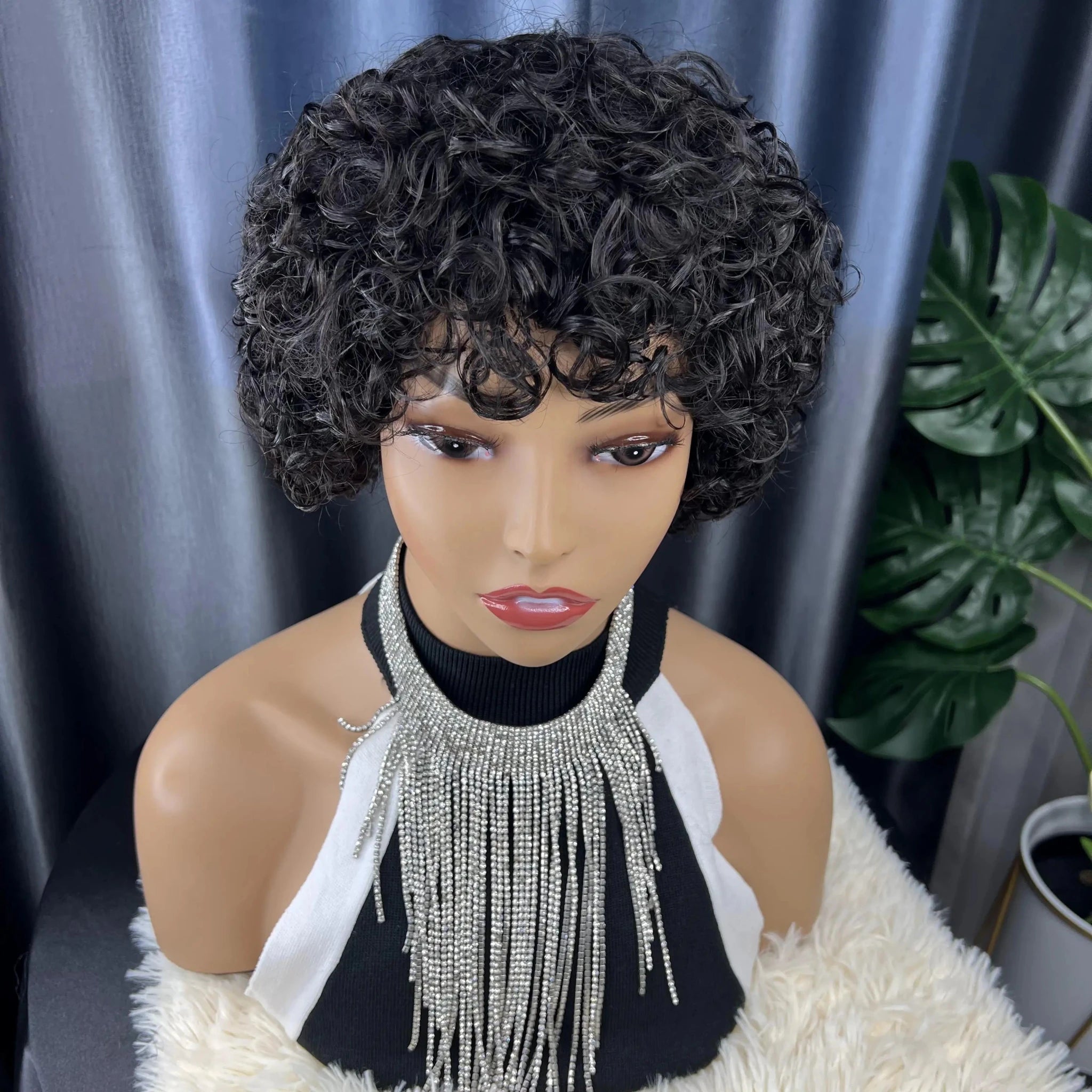 Short Bob Pixie Cut Water Wave Glueless Human Hair Wig None Lace Front Wig with Bangs Natural Black Full Machine Made Fringe Wig - Cozy & Co. Market