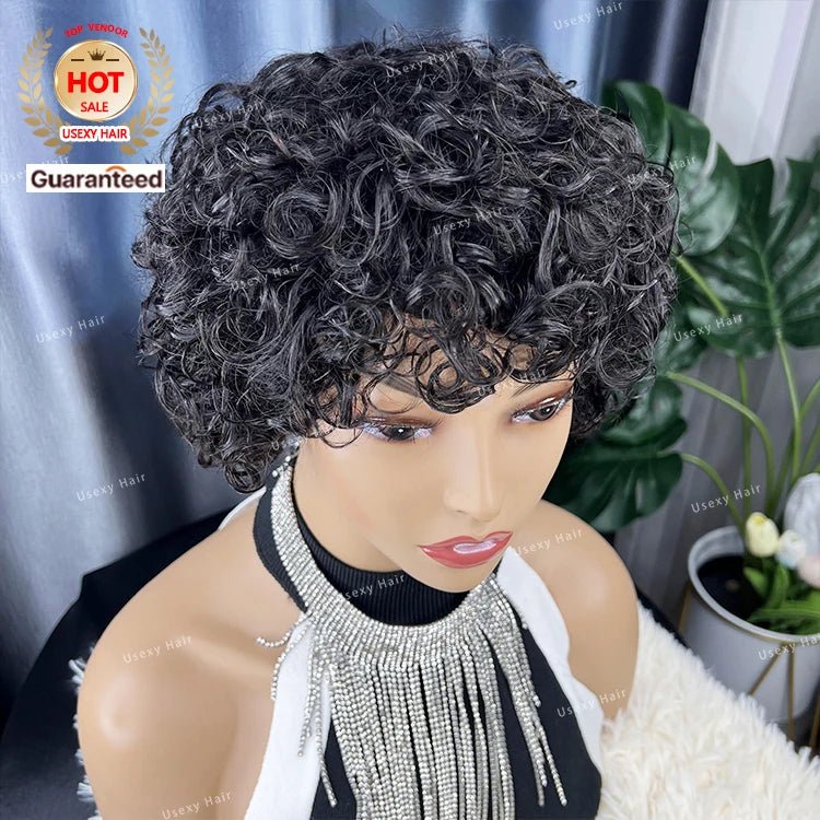 Short Bob Pixie Cut Water Wave Glueless Human Hair Wig None Lace Front Wig with Bangs Natural Black Full Machine Made Fringe Wig - Cozy & Co. Market