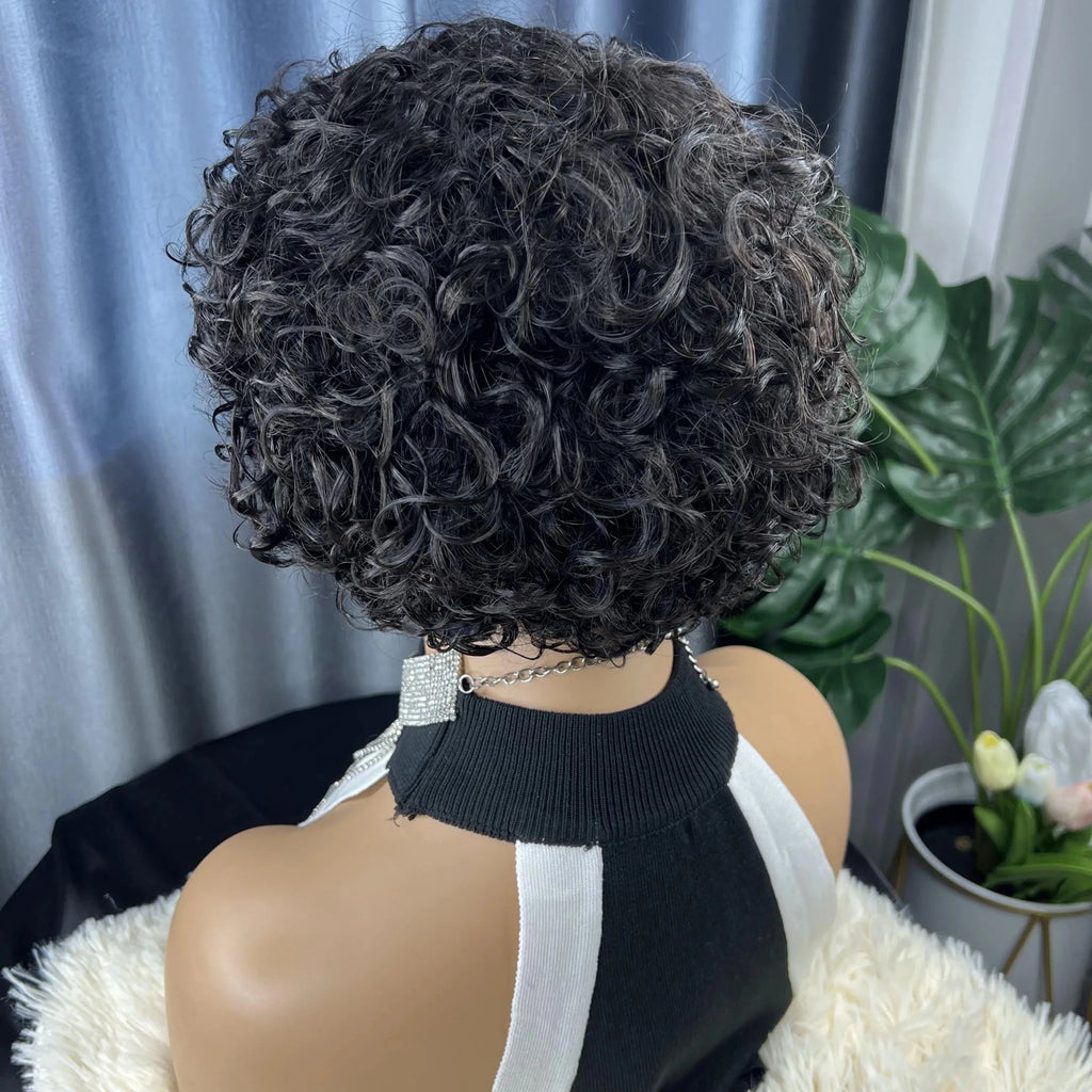 Short Bob Pixie Cut Water Wave Glueless Human Hair Wig None Lace Front Wig with Bangs Natural Black Full Machine Made Fringe Wig - Cozy & Co. Market