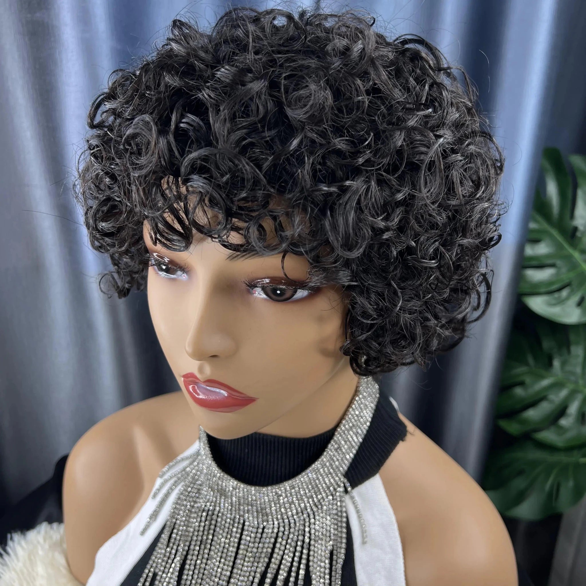 Short Bob Pixie Cut Water Wave Glueless Human Hair Wig None Lace Front Wig with Bangs Natural Black Full Machine Made Fringe Wig - Cozy & Co. Market