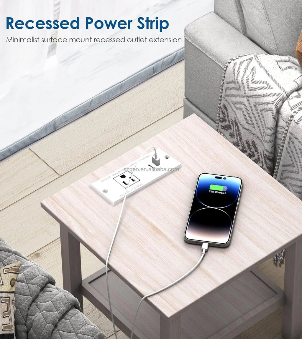 Small Recessed Power Strip Plug Extension Cord Charging Station with Inset USB Electrical Outlet for Desk Power Strip White - Cozy & Co. Market