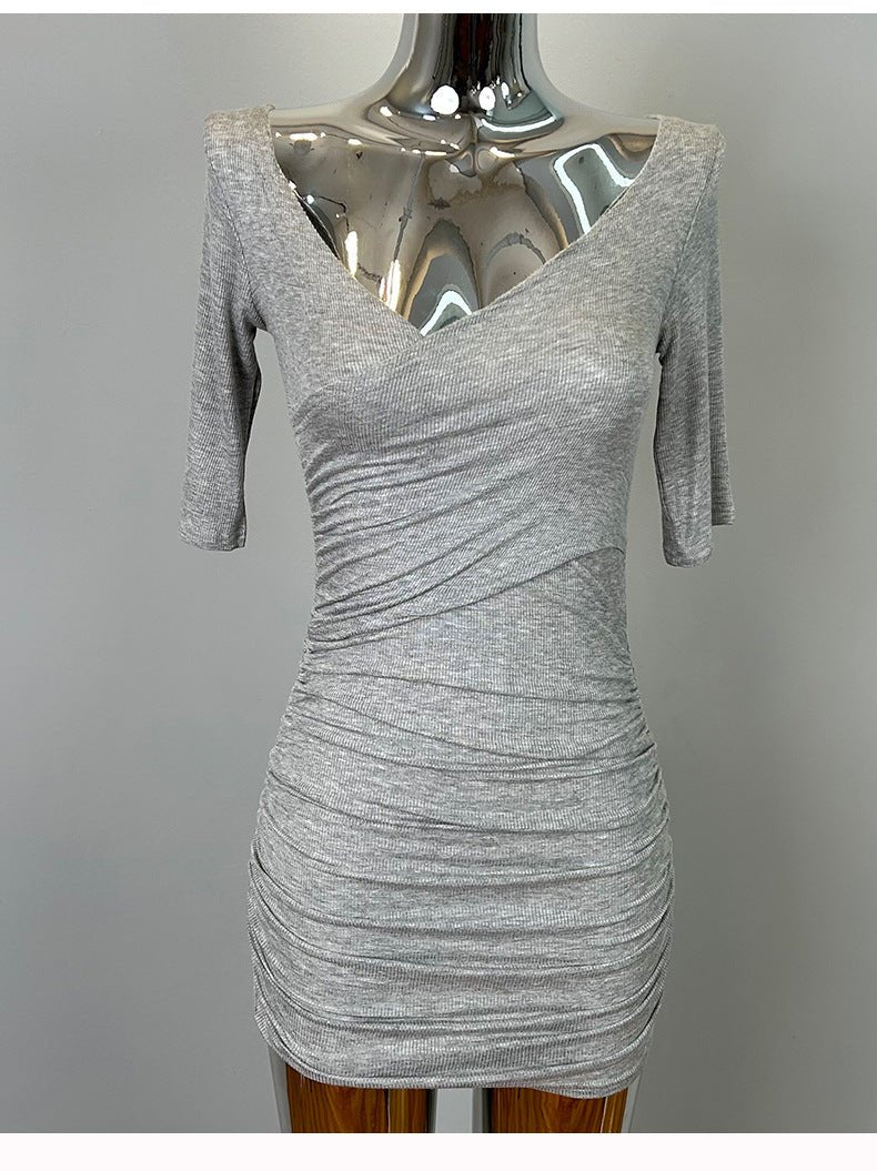 South Korea Dongdaemun New Sexy Feminine V-Neck Pleated Bag Hip Mid-Sleeve dress Figure - Cozy & Co. Market