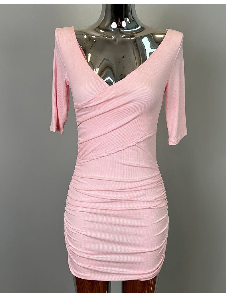 South Korea Dongdaemun New Sexy Feminine V-Neck Pleated Bag Hip Mid-Sleeve dress Figure - Cozy & Co. Market