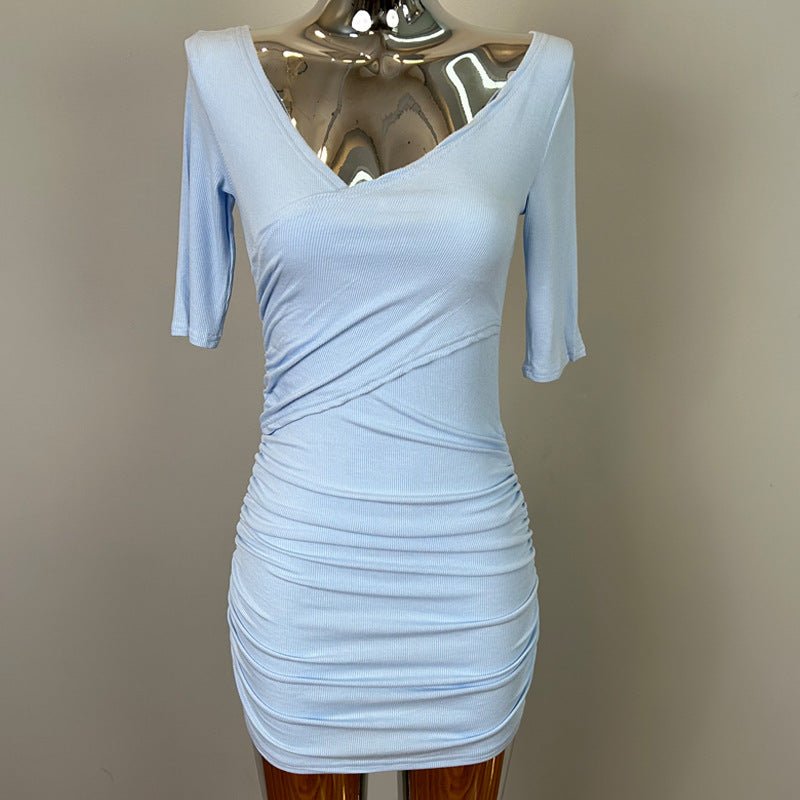 South Korea Dongdaemun New Sexy Feminine V-Neck Pleated Bag Hip Mid-Sleeve dress Figure - Cozy & Co. Market