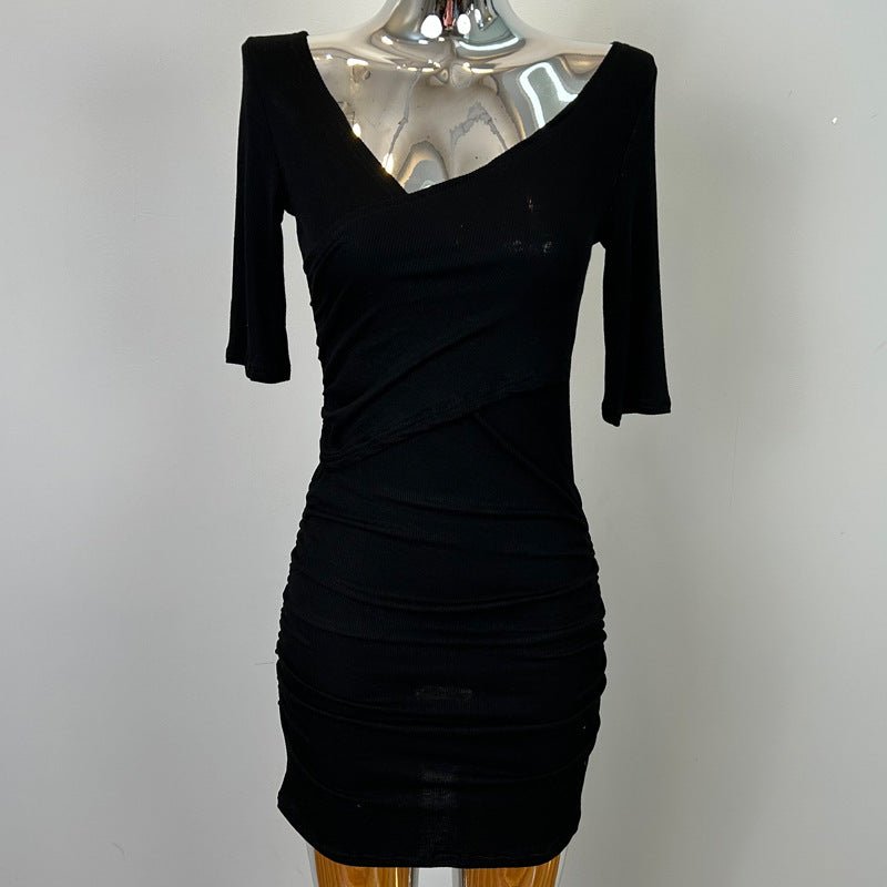 South Korea Dongdaemun New Sexy Feminine V-Neck Pleated Bag Hip Mid-Sleeve dress Figure - Cozy & Co. Market