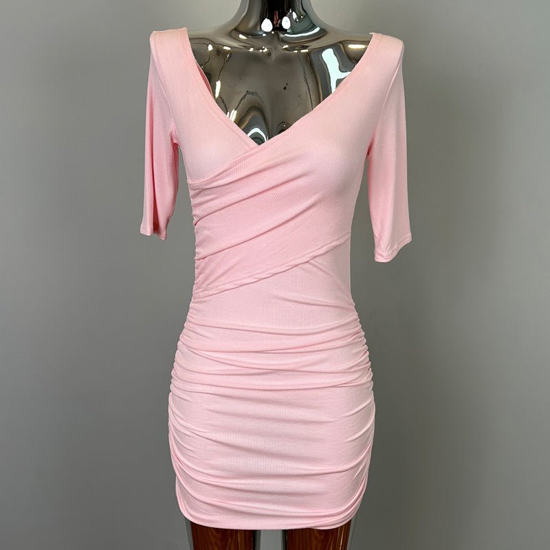 South Korea Dongdaemun New Sexy Feminine V-Neck Pleated Bag Hip Mid-Sleeve dress Figure - Cozy & Co. Market