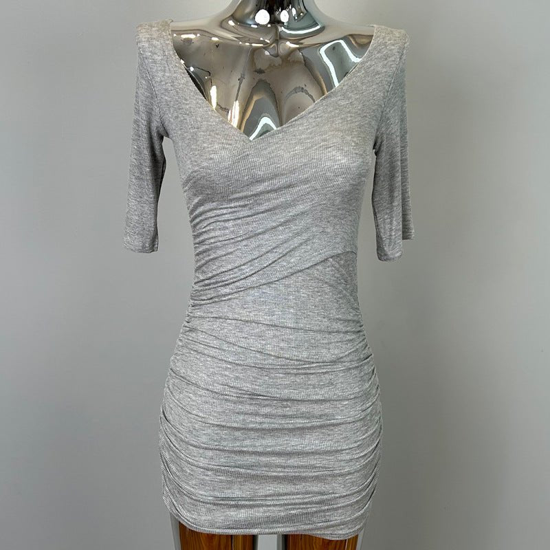 South Korea Dongdaemun New Sexy Feminine V-Neck Pleated Bag Hip Mid-Sleeve dress Figure - Cozy & Co. Market