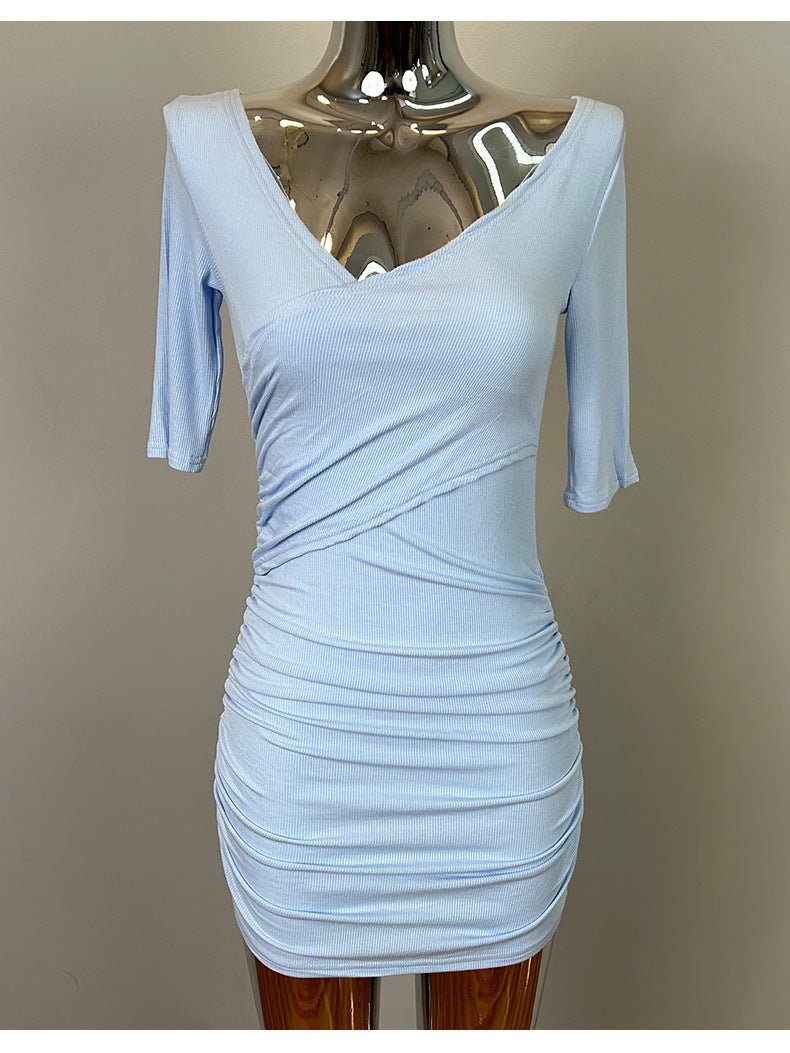 South Korea Dongdaemun New Sexy Feminine V-Neck Pleated Bag Hip Mid-Sleeve dress Figure - Cozy & Co. Market