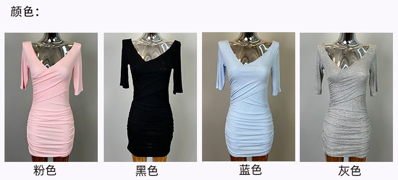 South Korea Dongdaemun New Sexy Feminine V-Neck Pleated Bag Hip Mid-Sleeve dress Figure - Cozy & Co. Market