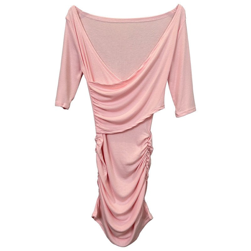 South Korea Dongdaemun New Sexy Feminine V-Neck Pleated Bag Hip Mid-Sleeve dress Figure - Cozy & Co. Market