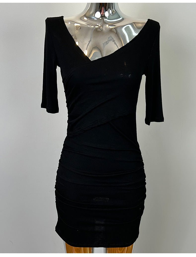 South Korea Dongdaemun New Sexy Feminine V-Neck Pleated Bag Hip Mid-Sleeve dress Figure - Cozy & Co. Market
