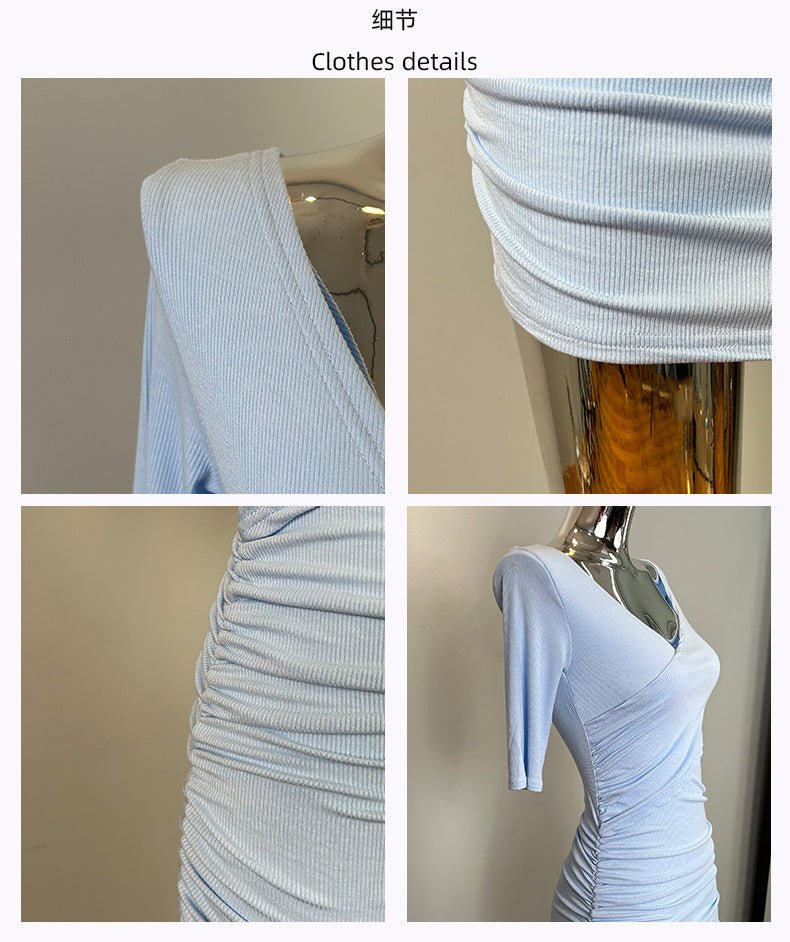 South Korea Dongdaemun New Sexy Feminine V-Neck Pleated Bag Hip Mid-Sleeve dress Figure - Cozy & Co. Market