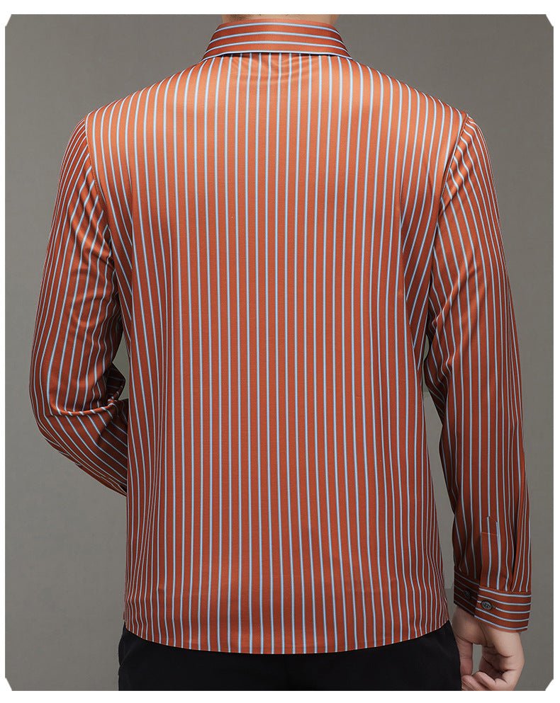 Spring 2025 New Mulberry Silk Vertical Stripe Printed Shirt Cross-border Joker for Young and Middle-aged Men Business Casual Flip - Cozy & Co. Market