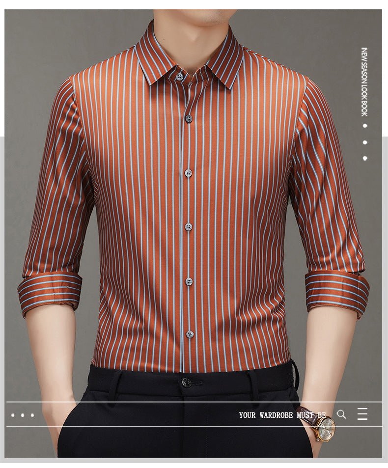 Spring 2025 New Mulberry Silk Vertical Stripe Printed Shirt Cross-border Joker for Young and Middle-aged Men Business Casual Flip - Cozy & Co. Market