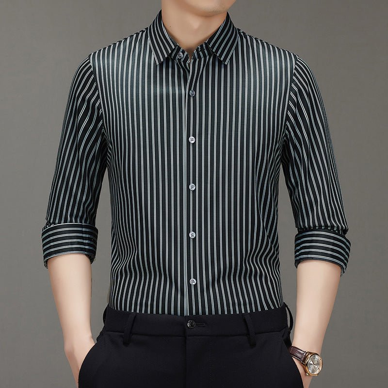 Spring 2025 New Mulberry Silk Vertical Stripe Printed Shirt Cross-border Joker for Young and Middle-aged Men Business Casual Flip - Cozy & Co. Market