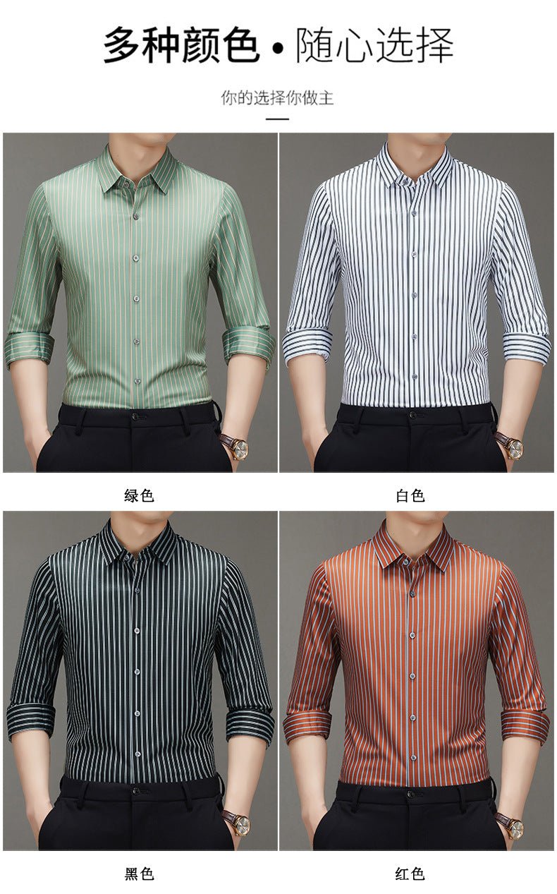 Spring 2025 New Mulberry Silk Vertical Stripe Printed Shirt Cross-border Joker for Young and Middle-aged Men Business Casual Flip - Cozy & Co. Market