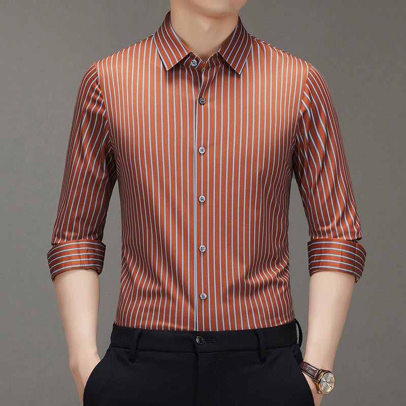 Spring 2025 New Mulberry Silk Vertical Stripe Printed Shirt Cross-border Joker for Young and Middle-aged Men Business Casual Flip - Cozy & Co. Market