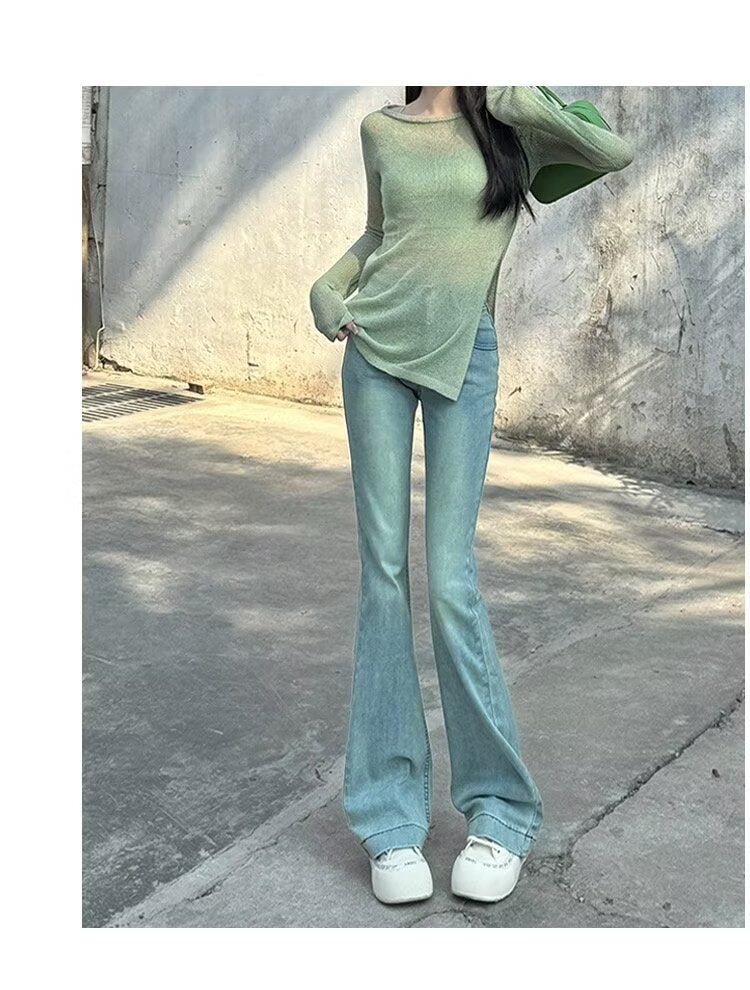 Spring New Slim Fit Flared Jeans for Women, Korean Style High-Waisted Retro Stretchy Wide-Leg Bell-Bottom Pants Ins - Cozy & Co. Market