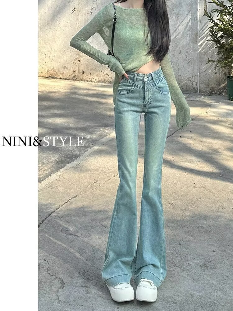 Spring New Slim Fit Flared Jeans for Women, Korean Style High-Waisted Retro Stretchy Wide-Leg Bell-Bottom Pants Ins - Cozy & Co. Market