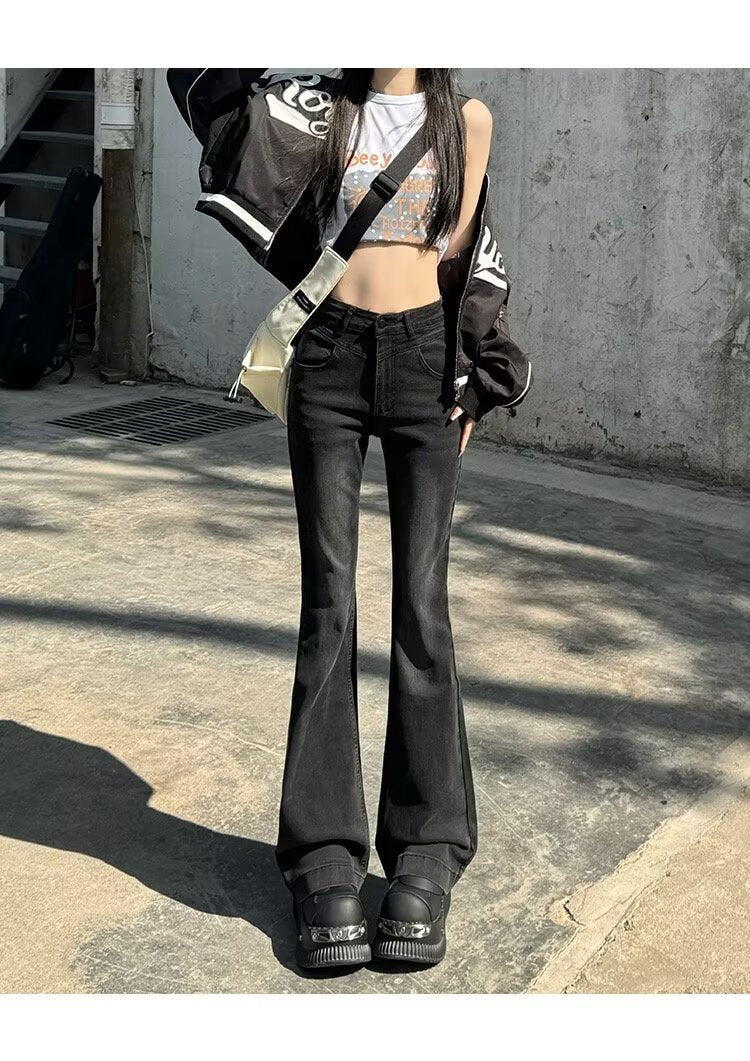 Spring New Slim Fit Flared Jeans for Women, Korean Style High-Waisted Retro Stretchy Wide-Leg Bell-Bottom Pants Ins - Cozy & Co. Market