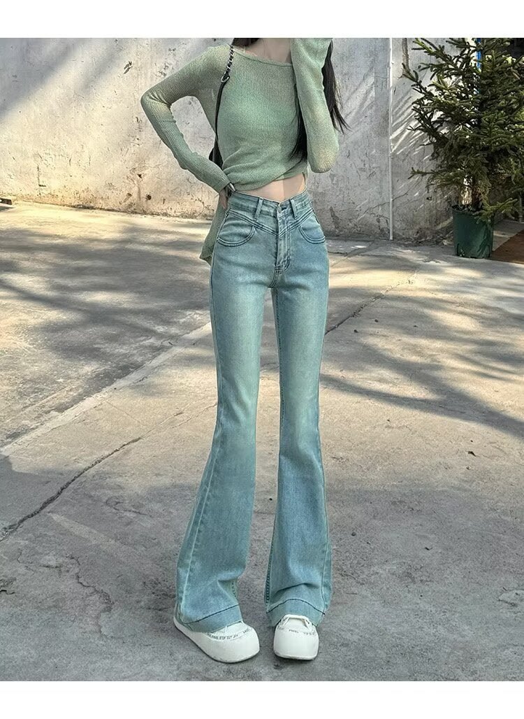 Spring New Slim Fit Flared Jeans for Women, Korean Style High-Waisted Retro Stretchy Wide-Leg Bell-Bottom Pants Ins - Cozy & Co. Market