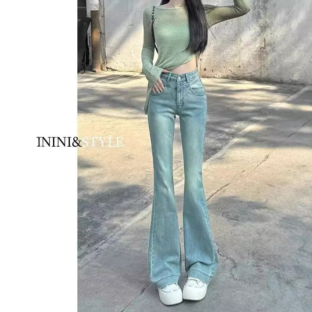 Spring New Slim Fit Flared Jeans for Women, Korean Style High-Waisted Retro Stretchy Wide-Leg Bell-Bottom Pants Ins - Cozy & Co. Market