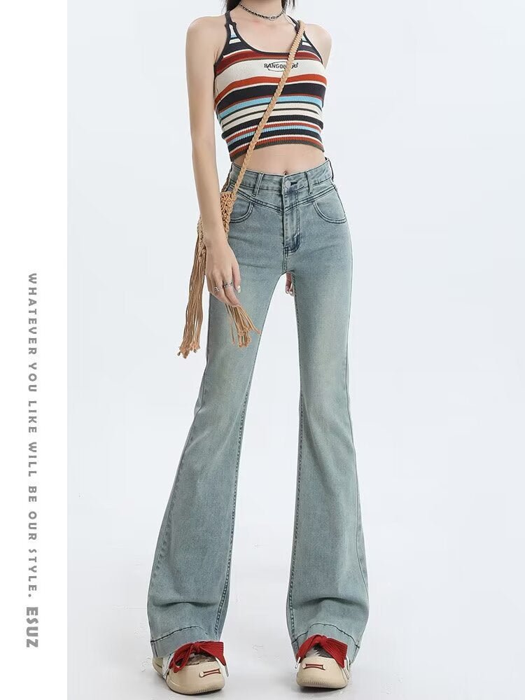 Spring New Slim Fit Flared Jeans for Women, Korean Style High-Waisted Retro Stretchy Wide-Leg Bell-Bottom Pants Ins - Cozy & Co. Market