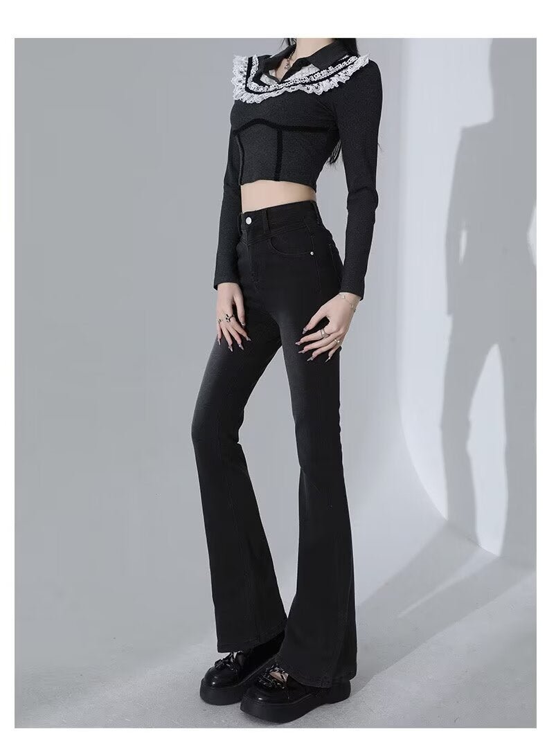 Spring New Slim Fit Flared Jeans for Women, Korean Style High-Waisted Retro Stretchy Wide-Leg Bell-Bottom Pants Ins - Cozy & Co. Market