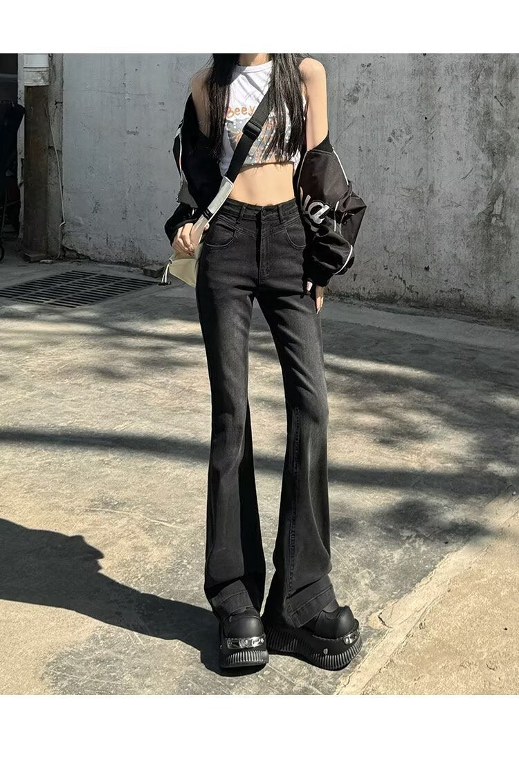 Spring New Slim Fit Flared Jeans for Women, Korean Style High-Waisted Retro Stretchy Wide-Leg Bell-Bottom Pants Ins - Cozy & Co. Market