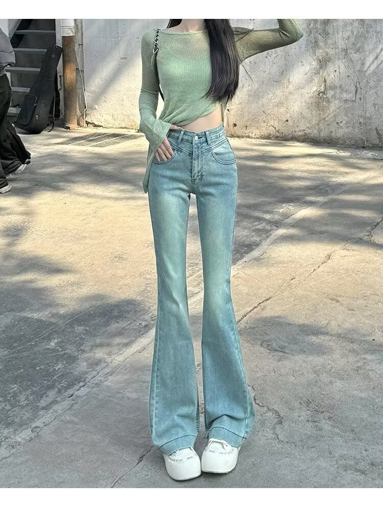 Spring New Slim Fit Flared Jeans for Women, Korean Style High-Waisted Retro Stretchy Wide-Leg Bell-Bottom Pants Ins - Cozy & Co. Market