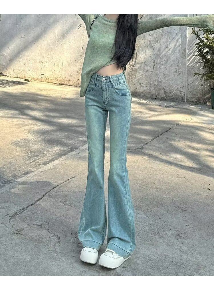 Spring New Slim Fit Flared Jeans for Women, Korean Style High-Waisted Retro Stretchy Wide-Leg Bell-Bottom Pants Ins - Cozy & Co. Market
