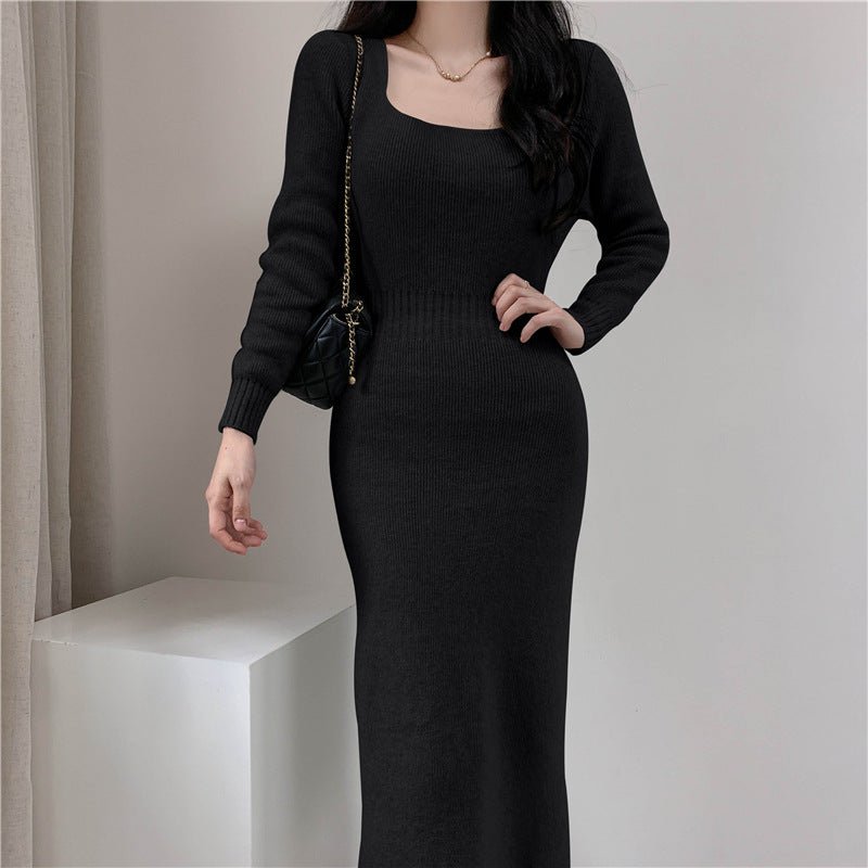 Square Collar Knitted dress Women's Autumn and Winter Design Feeling Base Skirt Tight Waist Slimming Long Skirt - Cozy & Co. Market