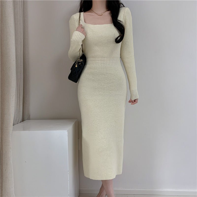 Square Collar Knitted dress Women's Autumn and Winter Design Feeling Base Skirt Tight Waist Slimming Long Skirt - Cozy & Co. Market