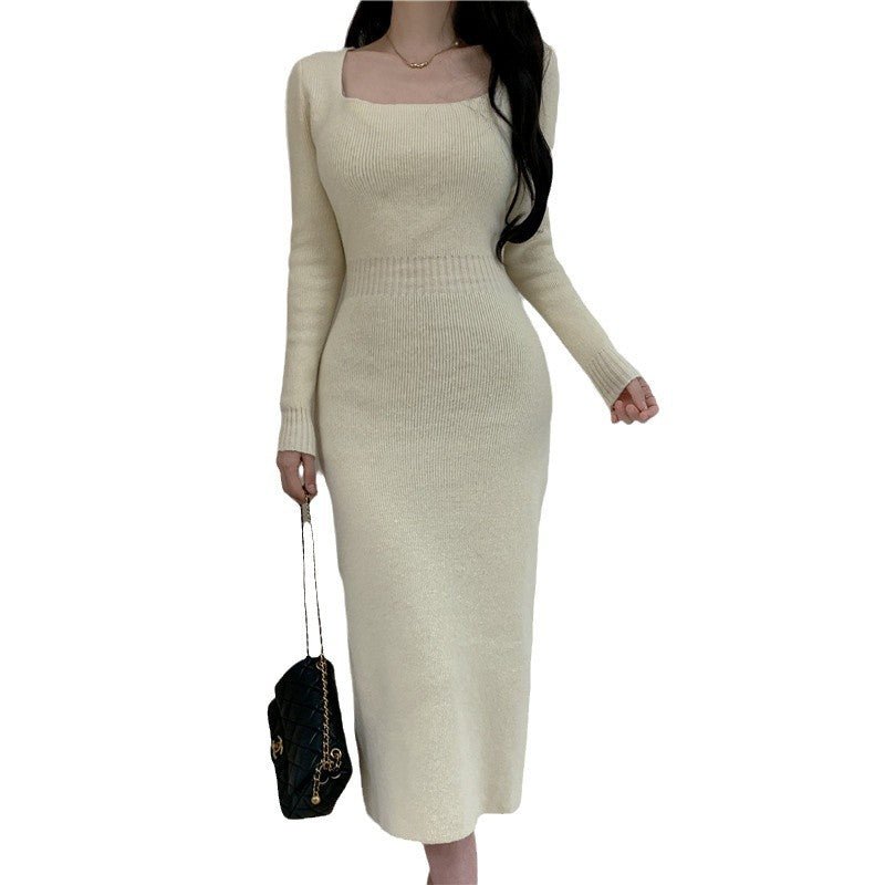 Square Collar Knitted dress Women's Autumn and Winter Design Feeling Base Skirt Tight Waist Slimming Long Skirt - Cozy & Co. Market