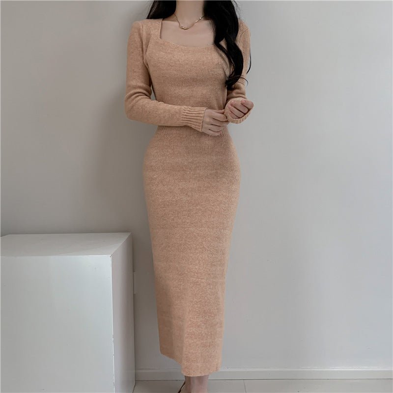 Square Collar Knitted dress Women's Autumn and Winter Design Feeling Base Skirt Tight Waist Slimming Long Skirt - Cozy & Co. Market