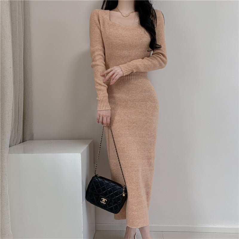 Square Collar Knitted dress Women's Autumn and Winter Design Feeling Base Skirt Tight Waist Slimming Long Skirt - Cozy & Co. Market