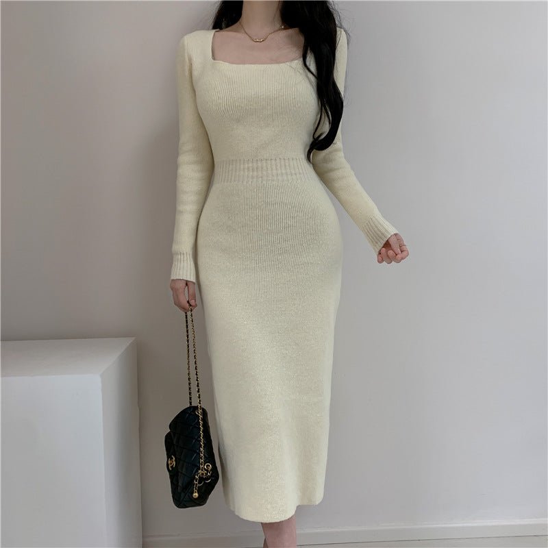 Square Collar Knitted dress Women's Autumn and Winter Design Feeling Base Skirt Tight Waist Slimming Long Skirt - Cozy & Co. Market
