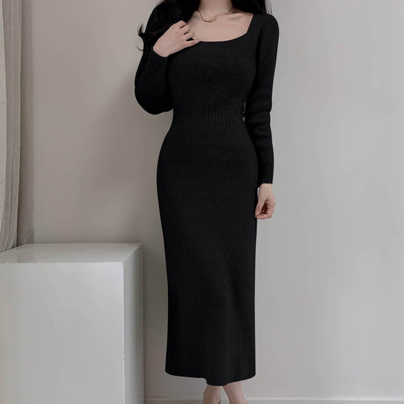 Square Collar Knitted dress Women's Autumn and Winter Design Feeling Base Skirt Tight Waist Slimming Long Skirt - Cozy & Co. Market