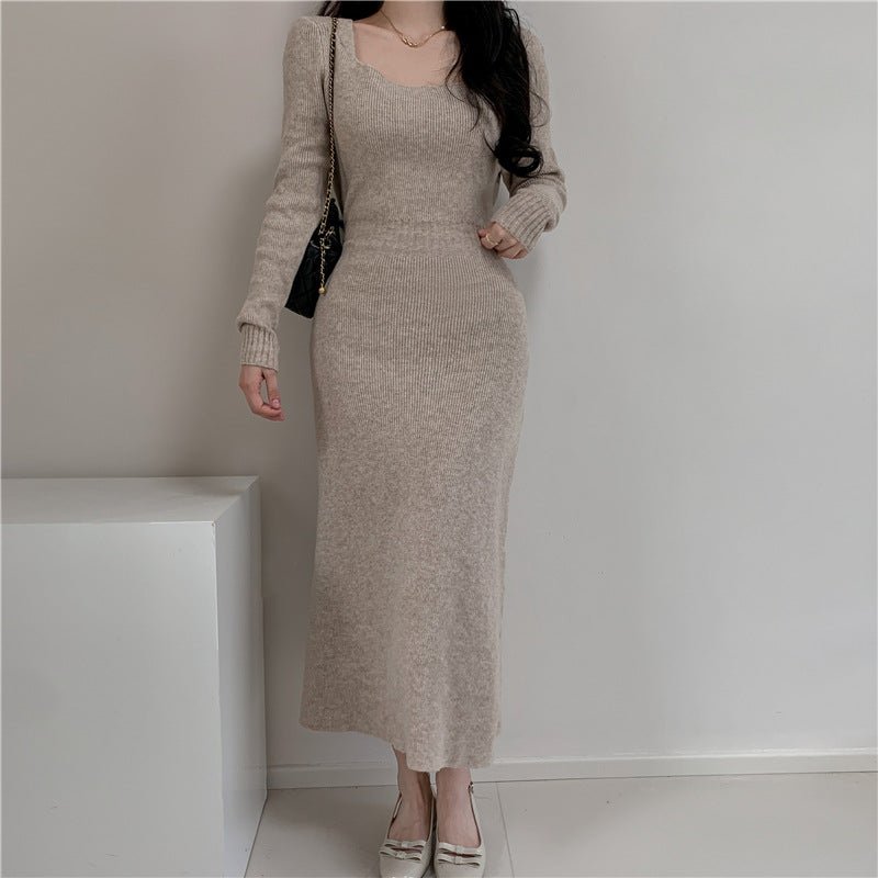 Square Collar Knitted dress Women's Autumn and Winter Design Feeling Base Skirt Tight Waist Slimming Long Skirt - Cozy & Co. Market