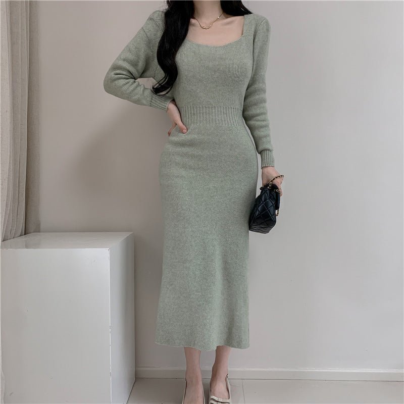 Square Collar Knitted dress Women's Autumn and Winter Design Feeling Base Skirt Tight Waist Slimming Long Skirt - Cozy & Co. Market