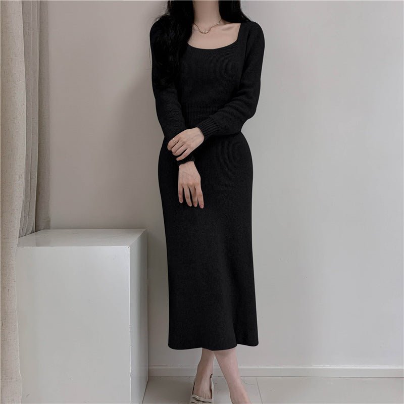 Square Collar Knitted dress Women's Autumn and Winter Design Feeling Base Skirt Tight Waist Slimming Long Skirt - Cozy & Co. Market