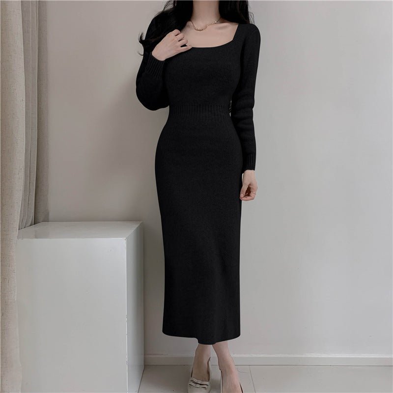 Square Collar Knitted dress Women's Autumn and Winter Design Feeling Base Skirt Tight Waist Slimming Long Skirt - Cozy & Co. Market