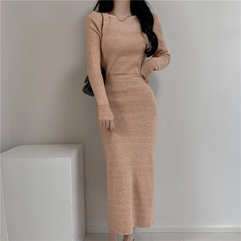 Square Collar Knitted dress Women's Autumn and Winter Design Feeling Base Skirt Tight Waist Slimming Long Skirt - Cozy & Co. Market