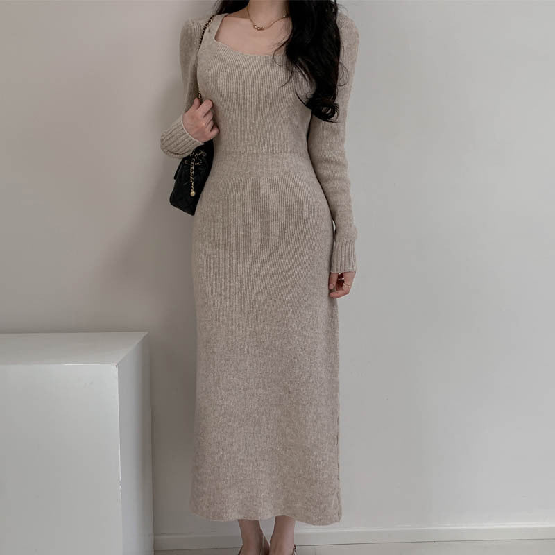 Square Collar Knitted dress Women's Autumn and Winter Design Feeling Base Skirt Tight Waist Slimming Long Skirt - Cozy & Co. Market