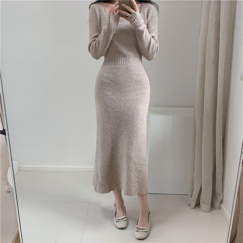 Square Collar Knitted dress Women's Autumn and Winter Design Feeling Base Skirt Tight Waist Slimming Long Skirt - Cozy & Co. Market