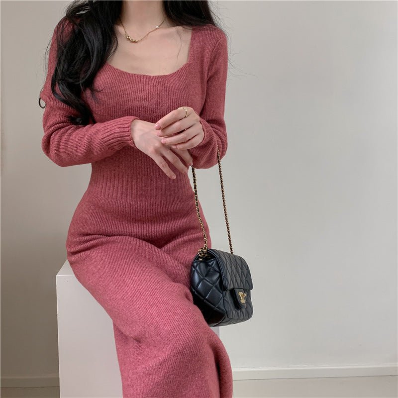 Square Collar Knitted dress Women's Autumn and Winter Design Feeling Base Skirt Tight Waist Slimming Long Skirt - Cozy & Co. Market