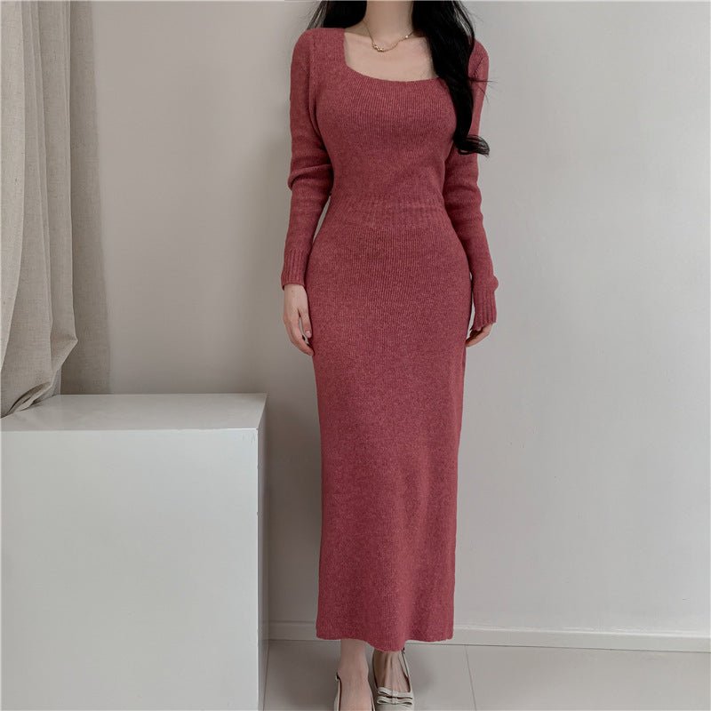 Square Collar Knitted dress Women's Autumn and Winter Design Feeling Base Skirt Tight Waist Slimming Long Skirt - Cozy & Co. Market