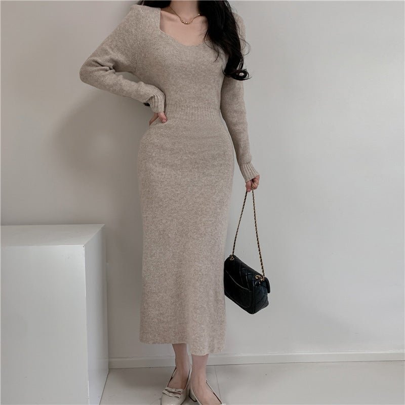 Square Collar Knitted dress Women's Autumn and Winter Design Feeling Base Skirt Tight Waist Slimming Long Skirt - Cozy & Co. Market