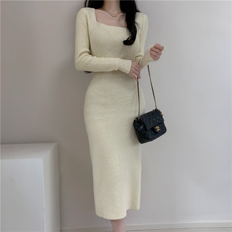 Square Collar Knitted dress Women's Autumn and Winter Design Feeling Base Skirt Tight Waist Slimming Long Skirt - Cozy & Co. Market