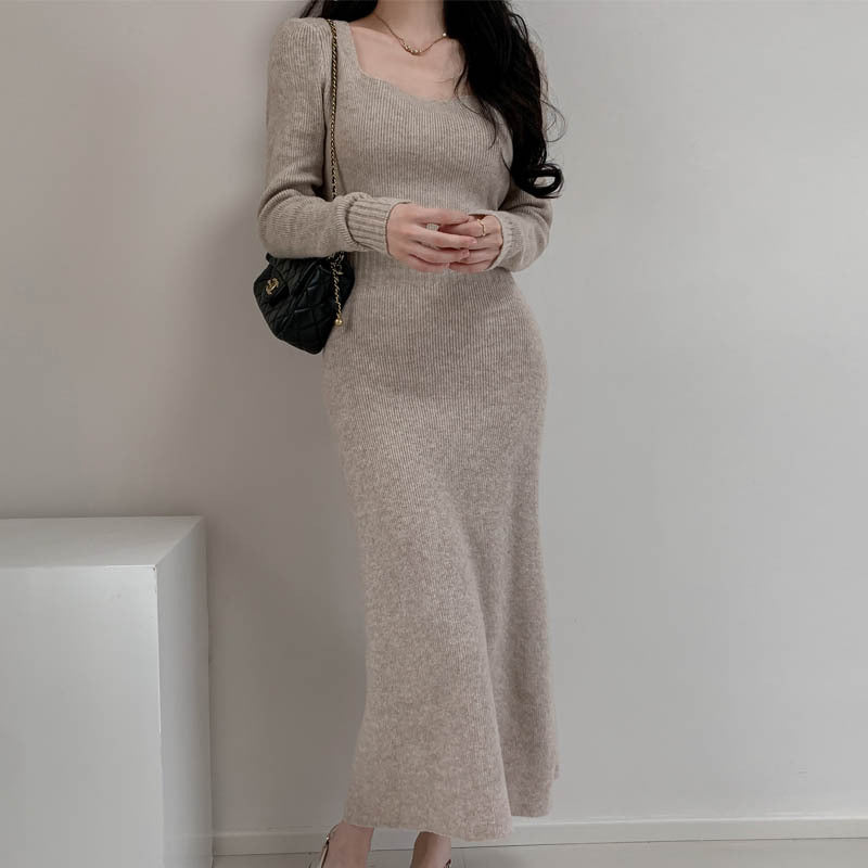 Square Collar Knitted dress Women's Autumn and Winter Design Feeling Base Skirt Tight Waist Slimming Long Skirt - Cozy & Co. Market